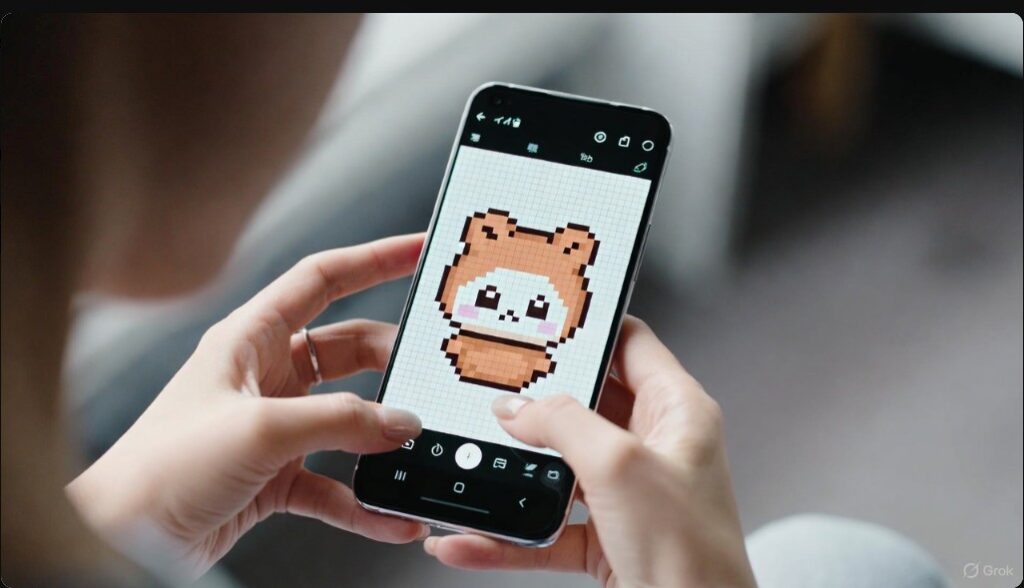 スマホのドット絵変換アプリを使って、イラストをモザイクアートの設計図(グリッド画像)に作成している画面