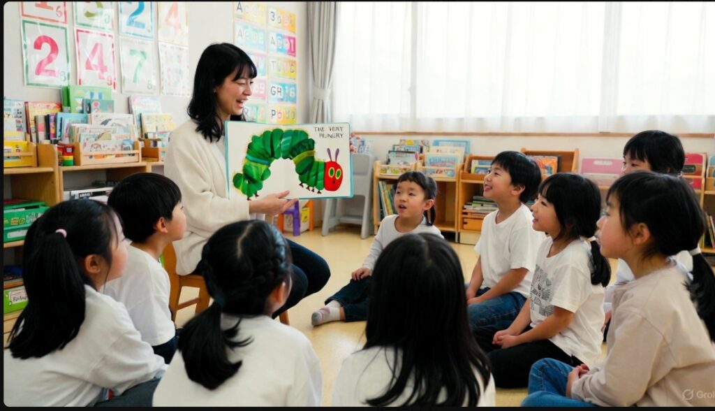はらぺこあおむしの絵本を読み聞かせする保育士と子供たち