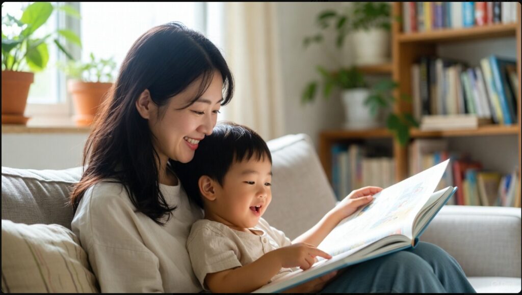 リビングで子供に絵本を読み聞かせしている母親の様子。ぐりとぐらのような名作絵本を楽しむ親子の温かい時間