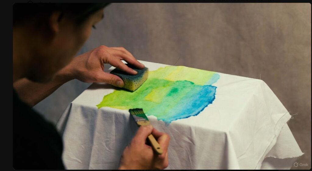 スポンジを使って布に絵本風の色付けをするペイント工程