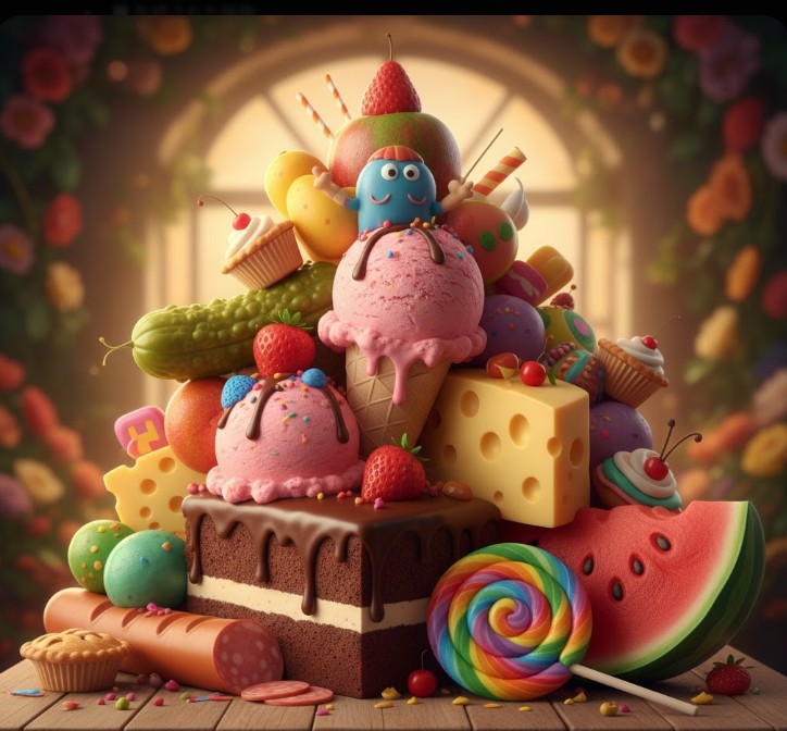 ケーキやアイスクリーム、キャンディなどが山盛りに積まれたスイーツのイラスト