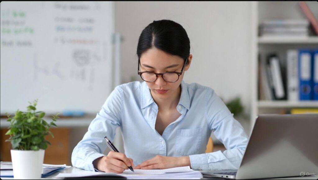 ノートパソコンと書類を使って事務作業をする保育士