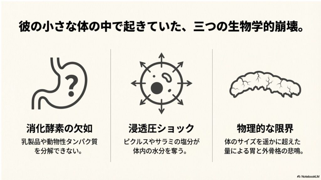 text あおむしの体内で起きていた消化酵素の欠如・浸透圧ショック・物理的限界の解説(スライド6枚目:三つの生物学的崩壊)