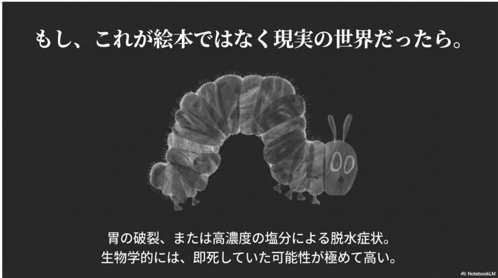 text 生物学的に即死していた可能性を示す解説(スライド13枚目:胃の破裂、または高濃度の塩分による脱水症状)