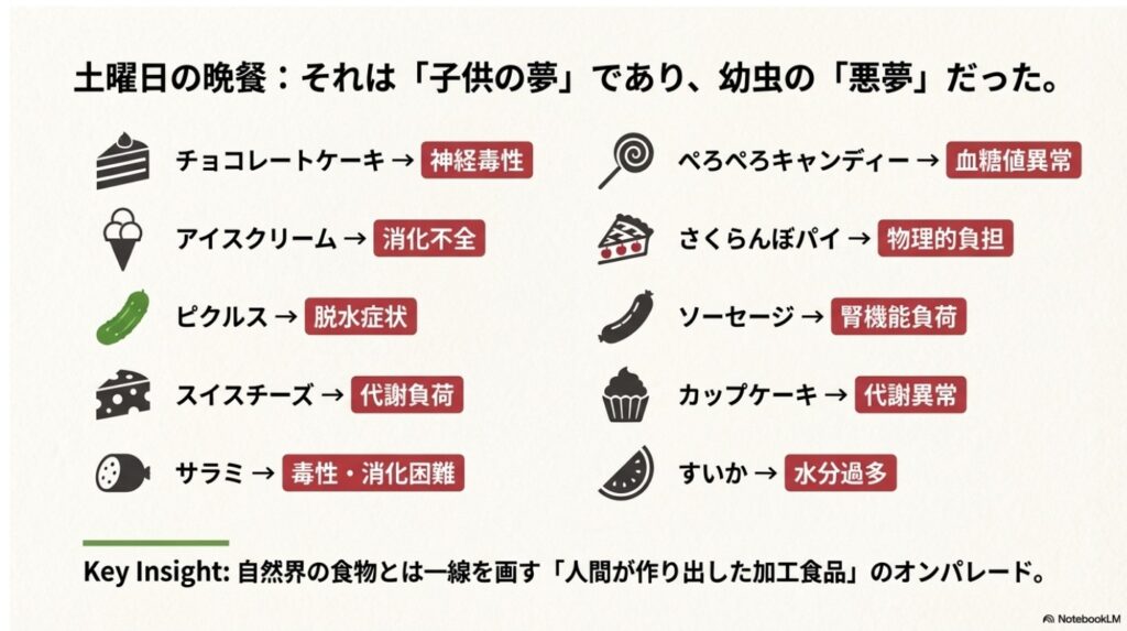 text あおむしが土曜日に食べた人間が作り出した加工食品のイラスト(スライド4枚目:自然界の食物とは一線を画す「人間が作り出した加工食品」のオンパレード)