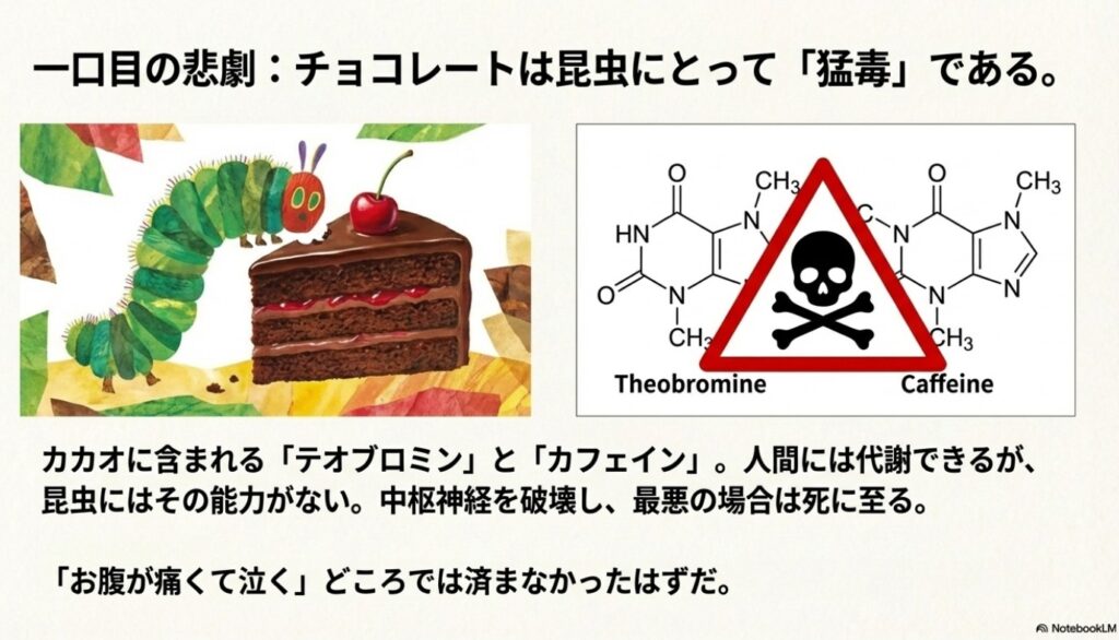 text 昆虫にとって猛毒であるチョコレートのテオブロミンとカフェインの化学構造式(スライド5枚目:チョコレートは昆虫にとって猛毒である)