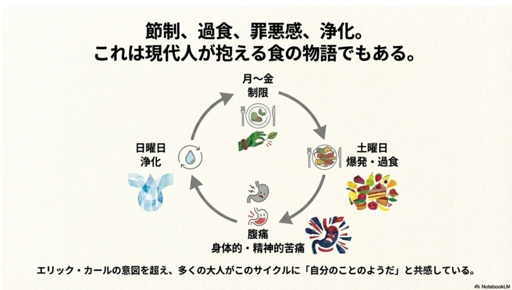 text 制限、過食、罪悪感、浄化という食のサイクル図(スライド12枚目:これは現代人が抱える食の物語でもある)