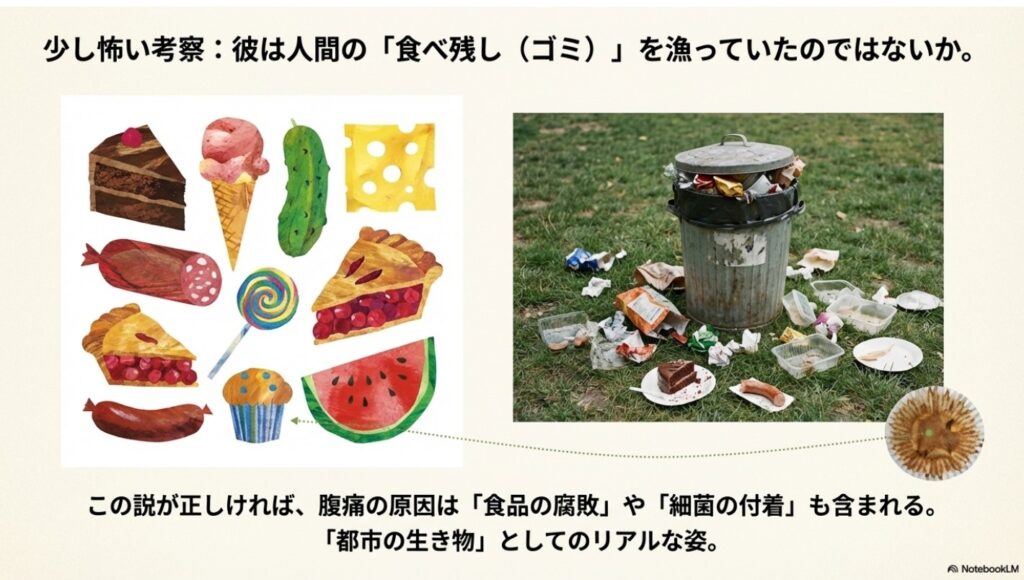 text 人間のゴミを漁るあおむしのリアリティのある考察図(スライド8枚目:彼は人間の「食べ残し(ゴミ)」を漁っていたのではないか)