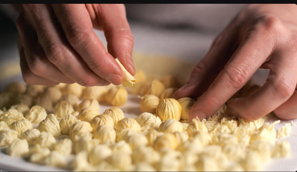 黄色いお花紙を小さく丸めて隙間なく貼り付け、カステラのふわふわとした立体感を表現している手元の様子