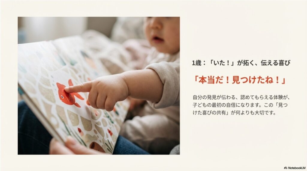 絵本の中の金魚を指差す1歳児の手元のアップ