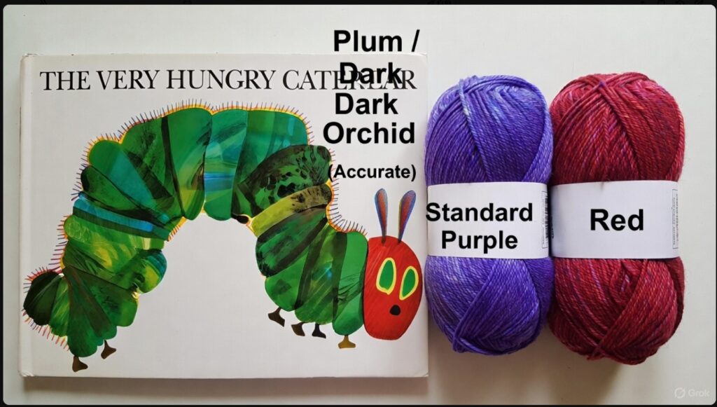 原作絵本の色を再現するための毛糸選び：プラム色の触角と杢調の赤色の比較