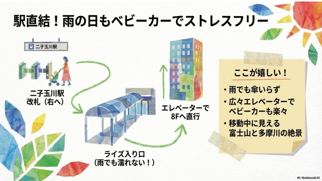 二子玉川駅からプレイパークエリックカールへのアクセス図解。雨の日でもベビーカーで濡れずに移動できる駅直結ルート
