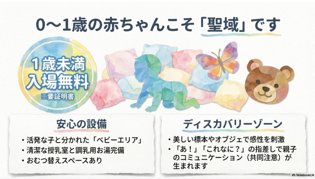 0歳〜1歳の赤ちゃんエリア紹介。1歳未満入場無料、授乳室完備、ディスカバリーゾーンでの指差し遊びについて
