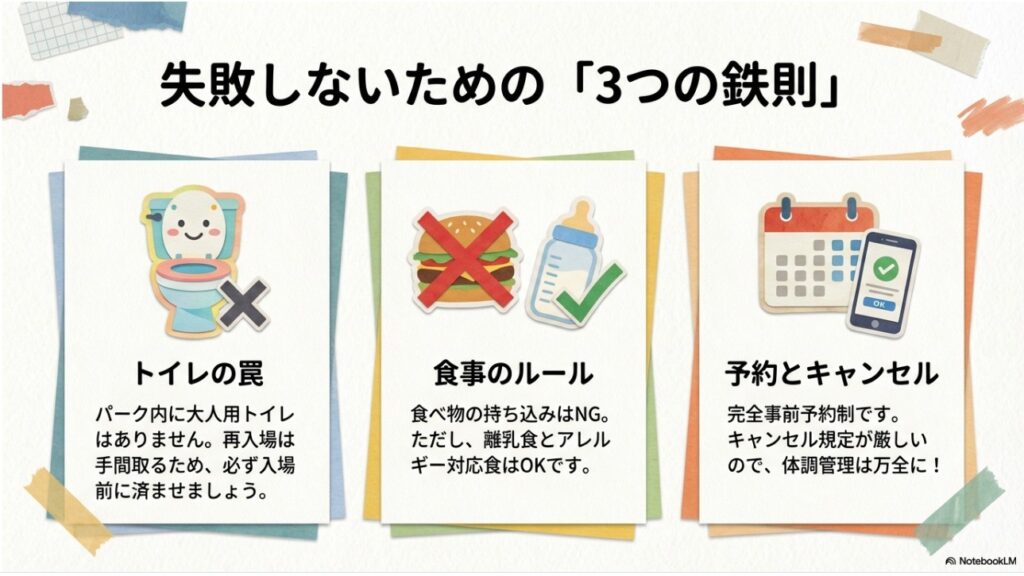 失敗しないための3つの鉄則。トイレの場所、食事の持ち込みルール、予約とキャンセル規定の注意点まとめ