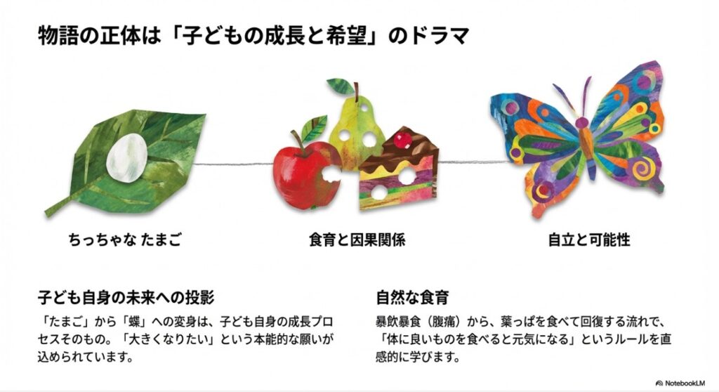 はらぺこあおむしの物語における卵から蝶への成長プロセスと食育の因果関係