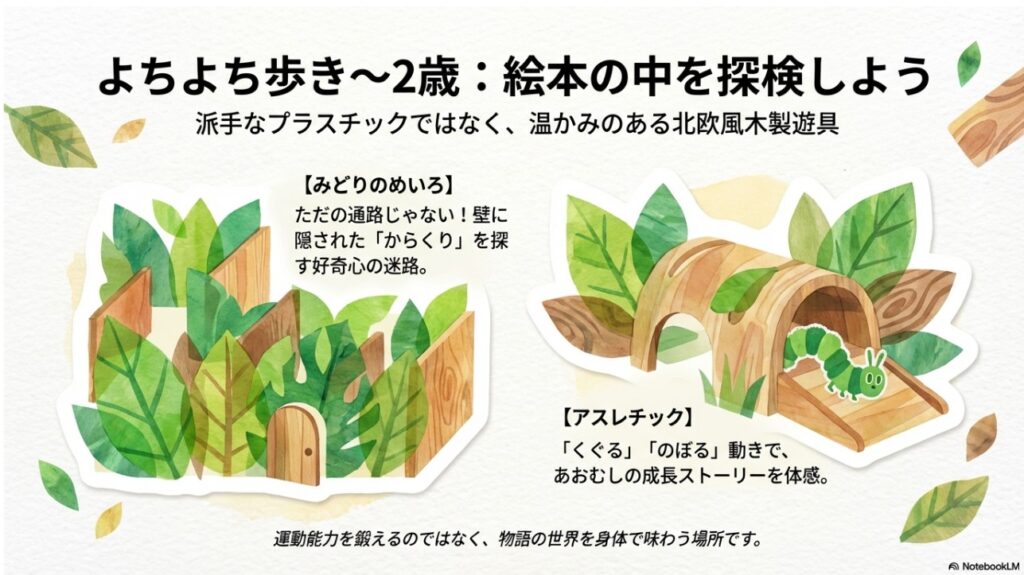 迷路や北欧風木製アスレチックの紹介。絵本の世界を探検しながら遊べる「みどりのめいろ」と遊具の工夫
