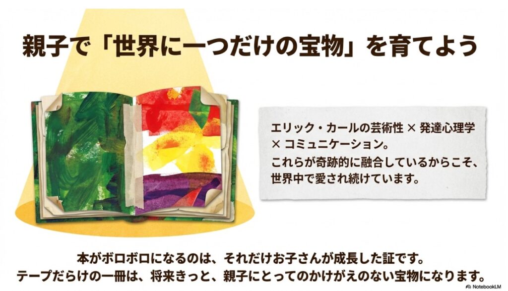 ボロボロになった絵本は子供の成長の証であり親子のかけがえのない宝物になるというメッセージ