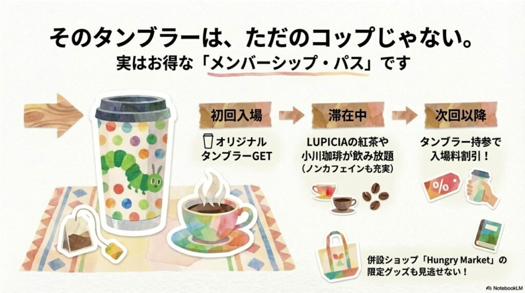入場特典のオリジナルタンブラー活用法。LUPICIAの紅茶や小川珈琲が飲み放題になるドリンクバーと次回来場割引