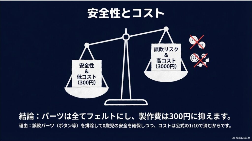 誤飲を防ぐためにプラスチックパーツを使わずフェルトのみで作る安全設計の図解