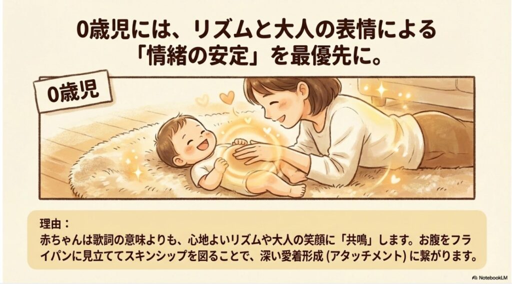 0歳児のお腹をフライパンに見立てて親子でスキンシップを楽しむイメージ