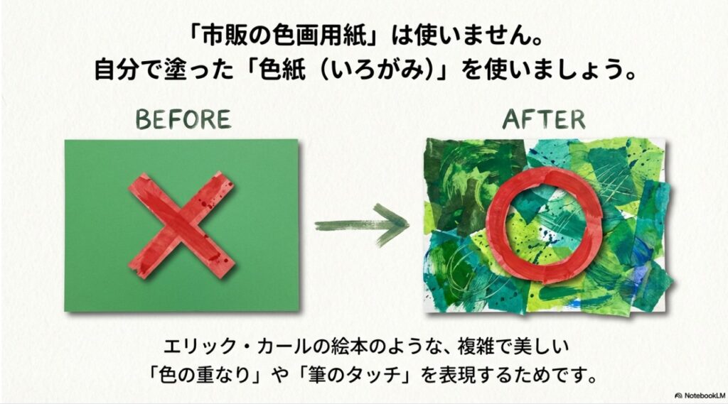 市販の画用紙と手作りの質感ある色紙のビフォーアフター比較