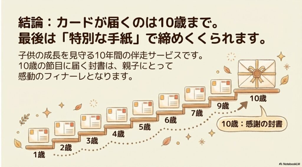 1歳から届き始め、7歳や10歳の節目で締めくくられる特別なメッセージのステップ図