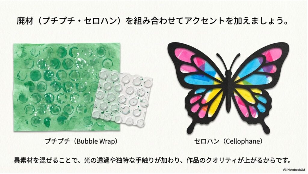 プチプチスタンプとカラーセロハンを使った工作のアクセント