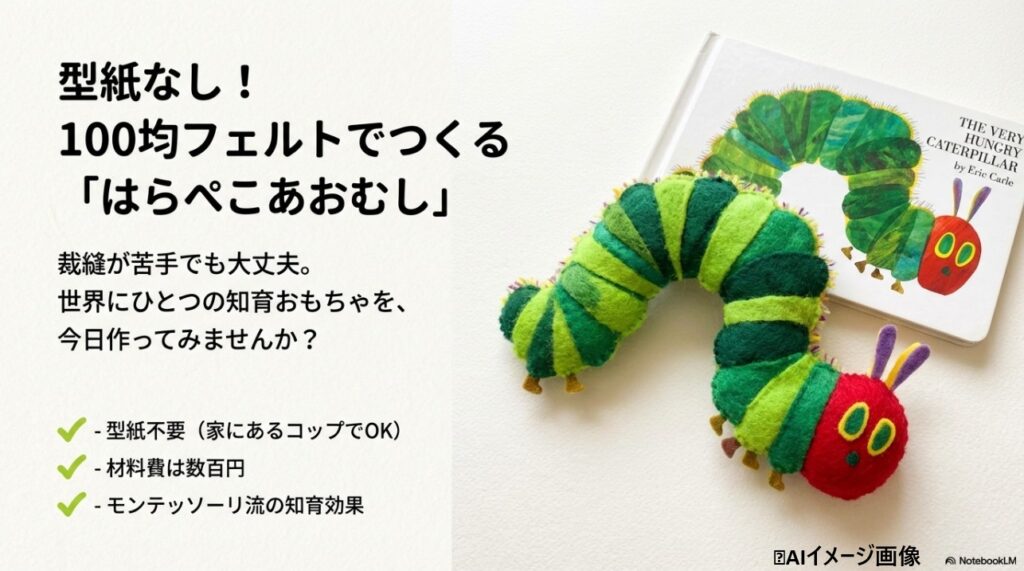 型紙なしで100均フェルトを使って作ったはらぺこあおむしの手作りぬいぐるみと絵本
