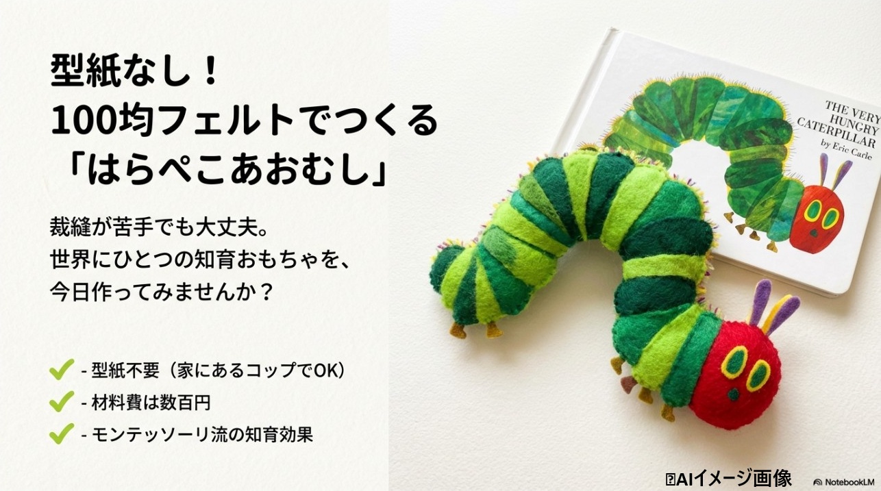 型紙なしで100均フェルトを使って作ったはらぺこあおむしの手作りぬいぐるみと絵本