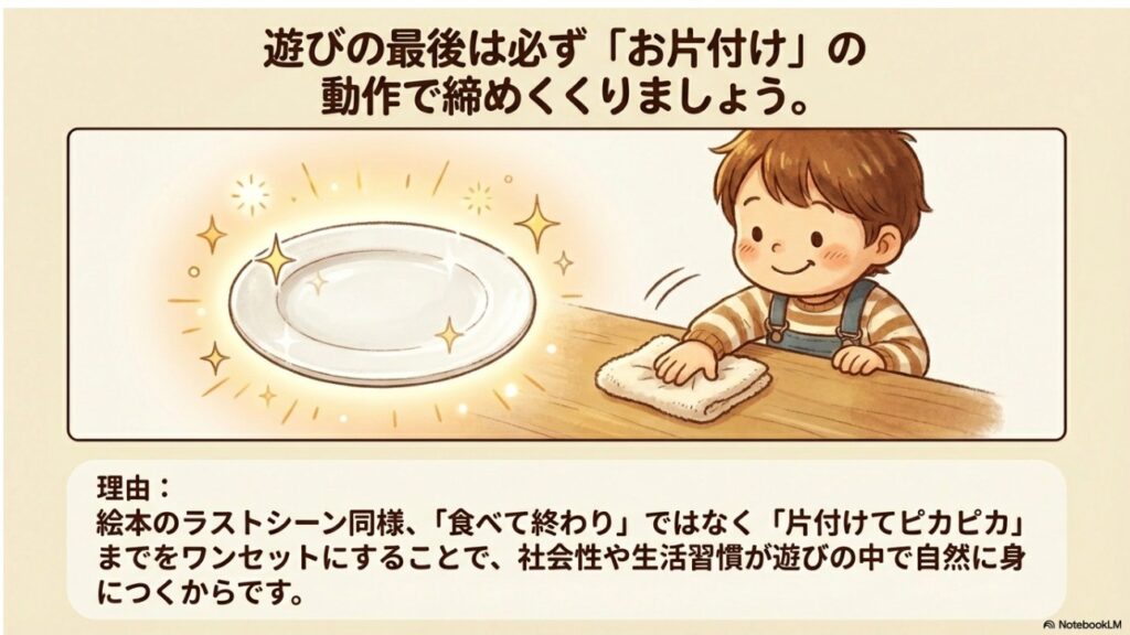遊びの最後にお皿を拭いてピカピカにするお片付け習慣の定着イメージ