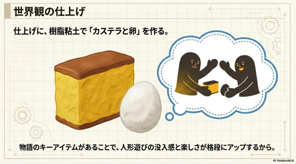 樹脂粘土で仕上げるカステラと卵の小道具が人形遊びの没入感を高める様子