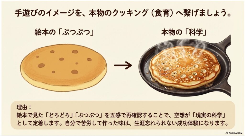 絵本の世界を本物のクッキングで五感を使って確認する食育イメージ
