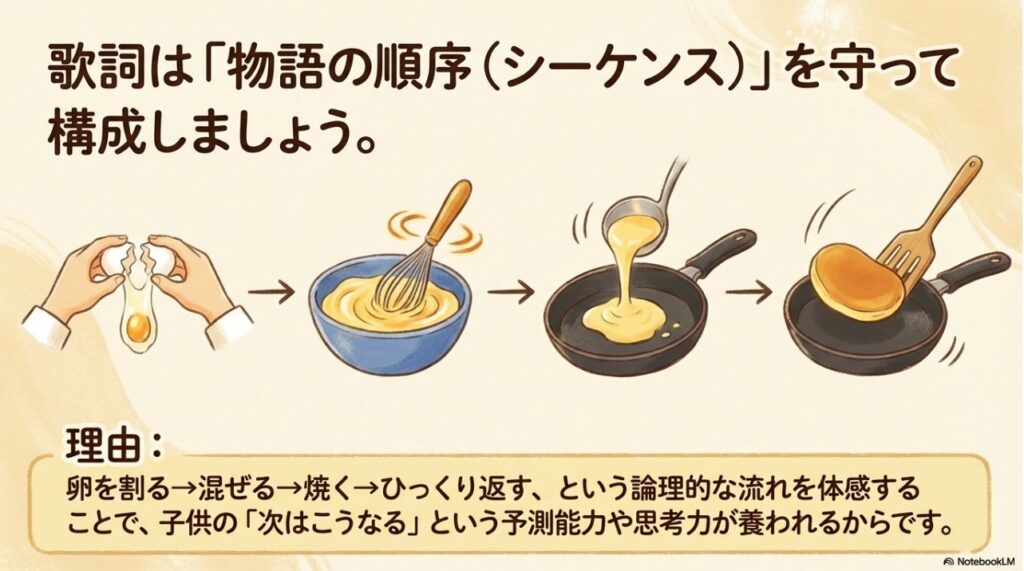 卵を割るシーンから焼き上がりまでの論理的な調理工程のイメージ図