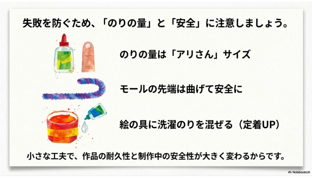 のりの量やモールの安全処理など制作を成功させるためのポイント