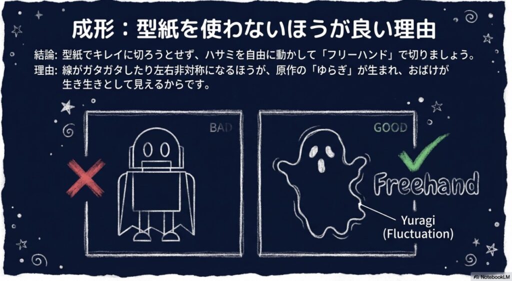 型紙を使わずにフリーハンドでカットした際のおばけの「ゆらぎ」の図解