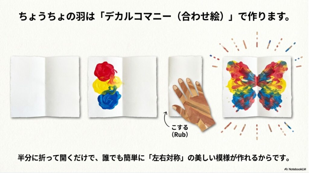 デカルコマニーで作るちょうちょさんの左右対称な模様の制作手順