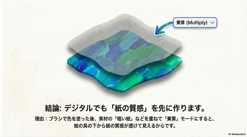 乗算モードを使用して絵の具の下から紙の質感を透かす技法の解説図