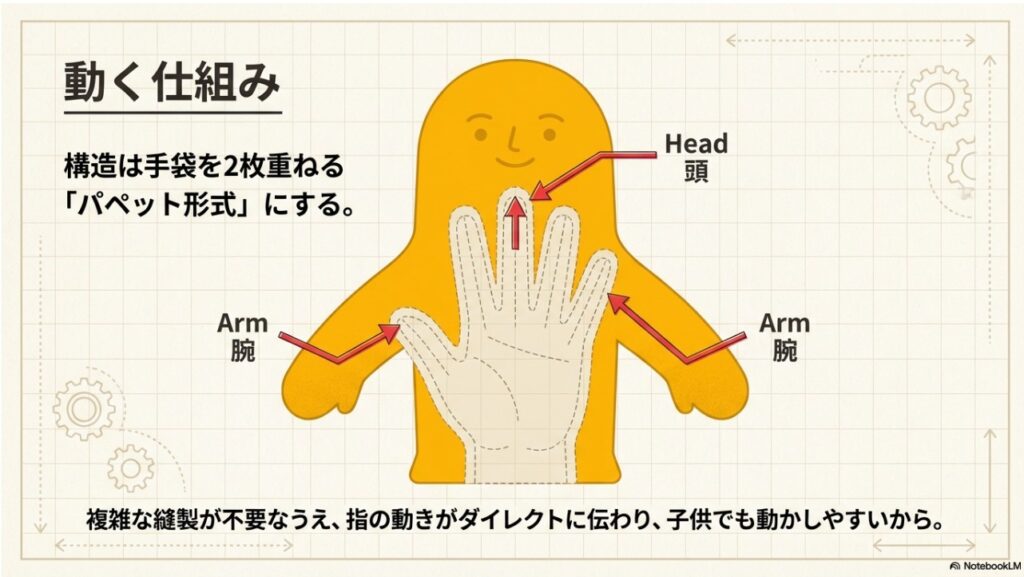 手袋を2枚重ねて指の動きを伝えるパペット形式の動く仕組み