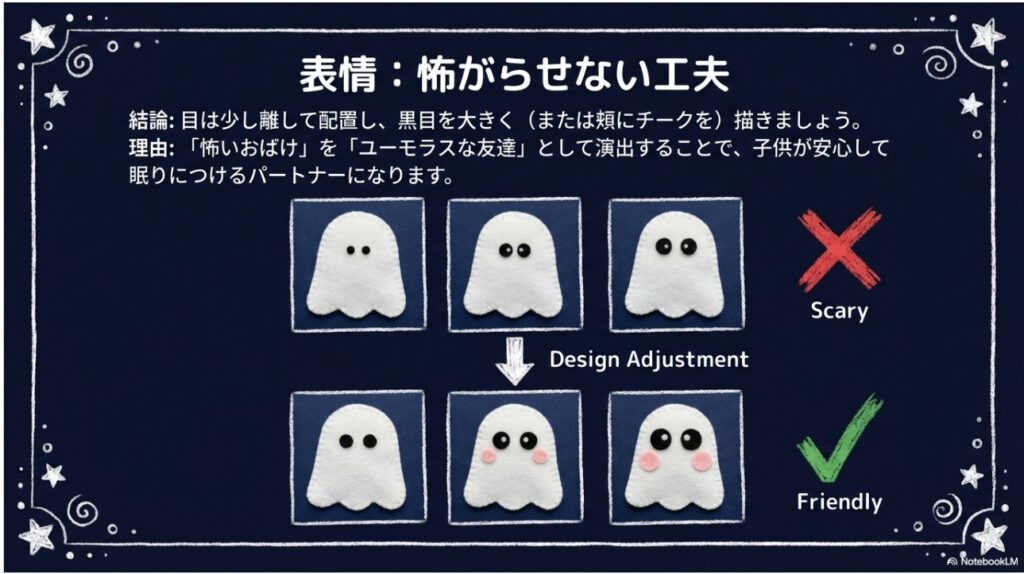 怖がらせないための優しいおばけの表情の描き方比較