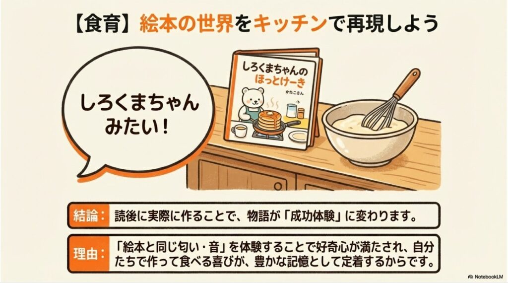絵本の世界をキッチンで再現し読後の成功体験を記憶に定着させる食育のイメージ図