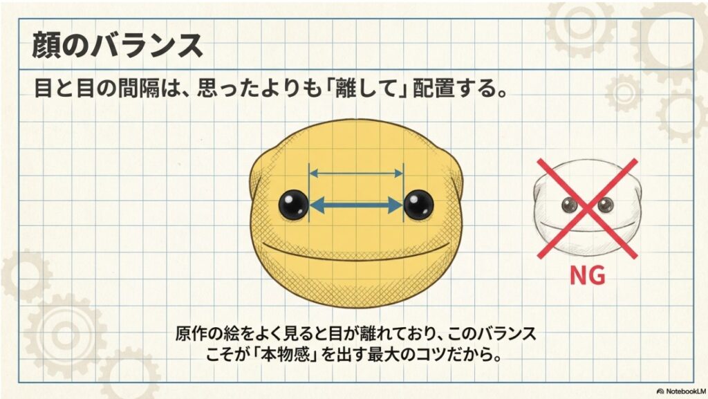 本物感を出すための目の間隔と顔のバランスの比較図