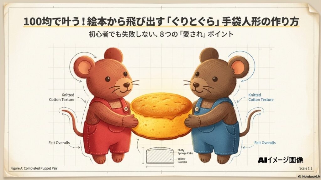 100均材料で作る「ぐりとぐら」の手袋人形とカステラの完成イメージ