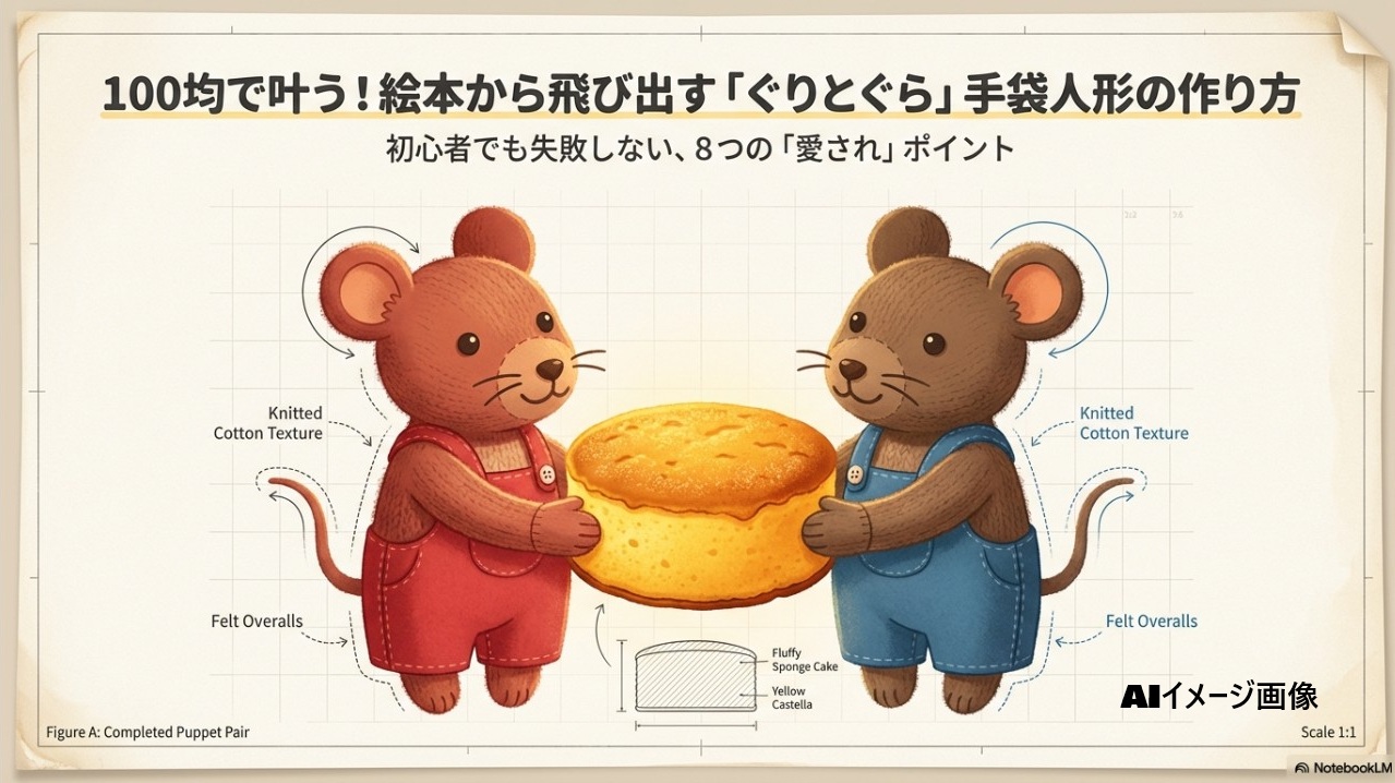 100均材料で作る「ぐりとぐら」の手袋人形とカステラの完成イメージ