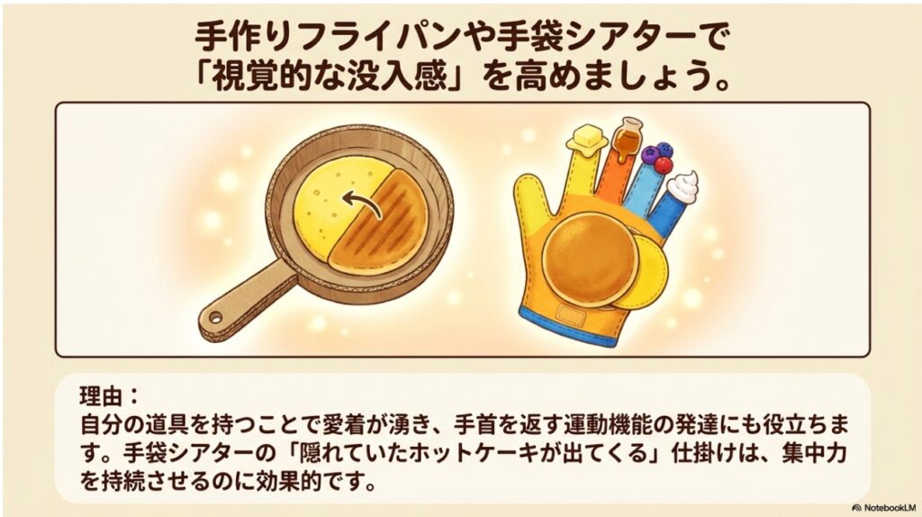 没入感を高める手作りフライパンの仕掛けと手袋シアターの製作イメージ