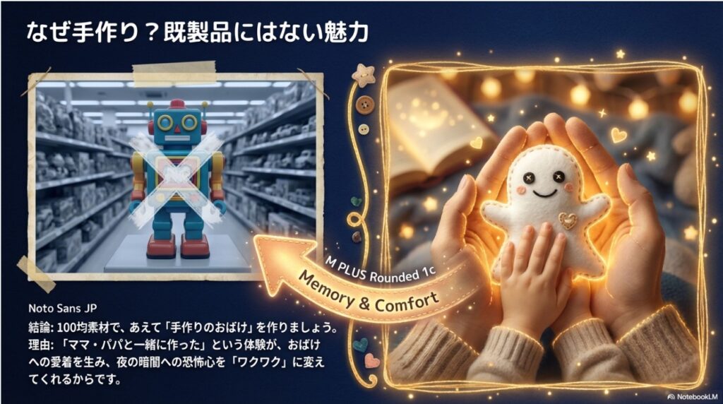 既製品のおもちゃと手作りのおばけ指人形の魅力比較イメージ