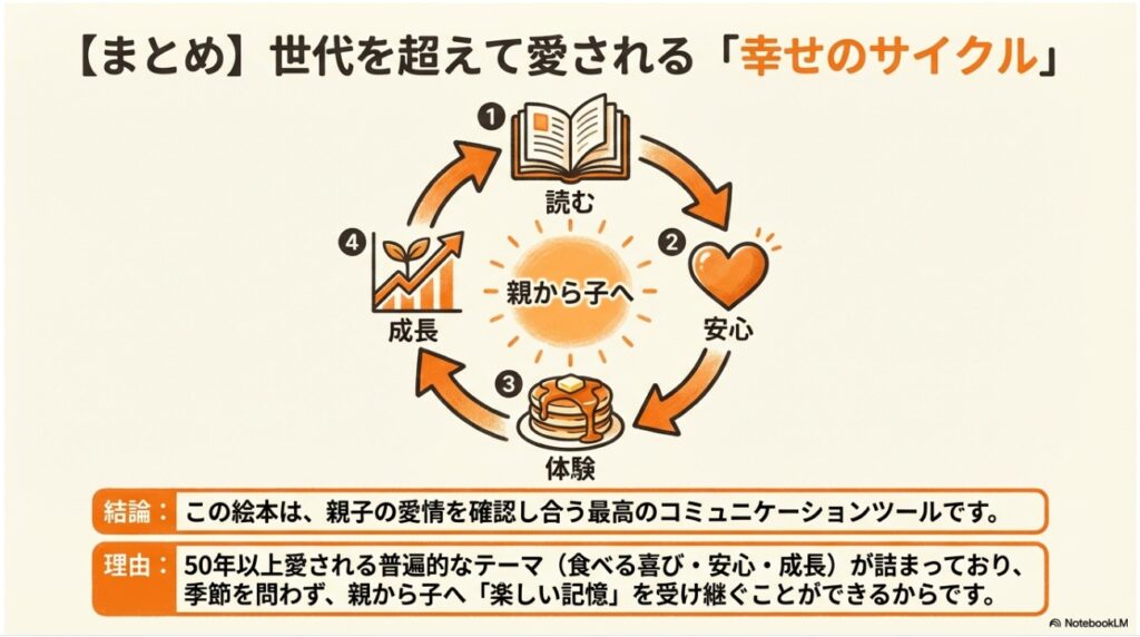 読む・安心・体験・成長が親から子へ受け継がれる「幸せのサイクル」まとめ図
