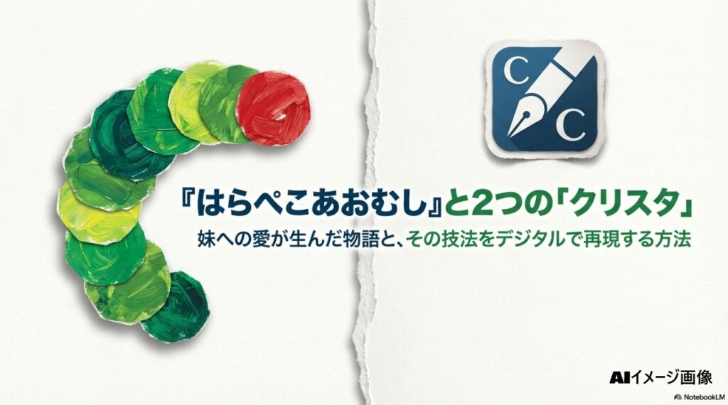 はらぺこあおむしと2つのクリスタの物語および技法再現の解説表紙