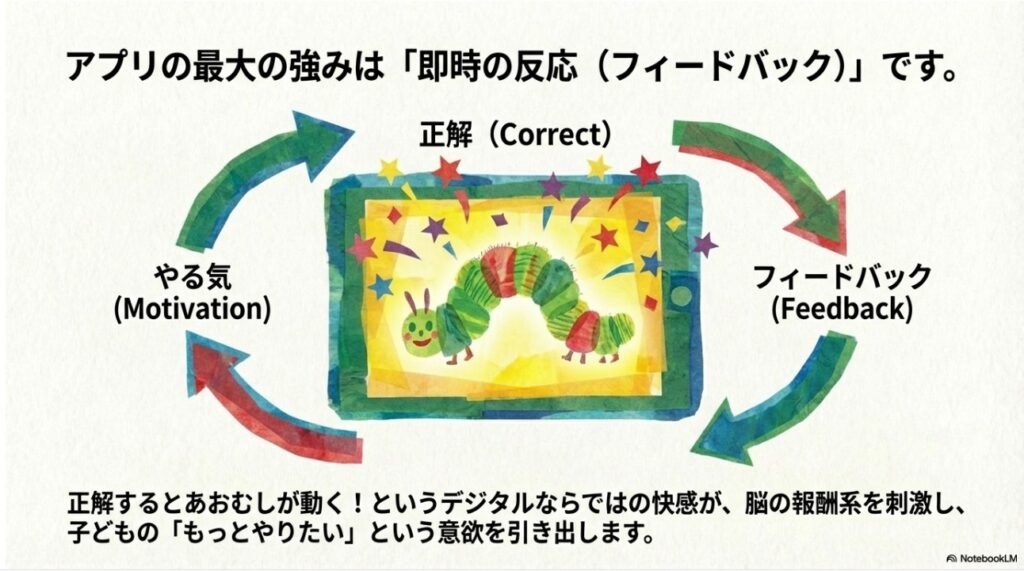 アプリ学習における即時フィードバックとやる気のサイクル図