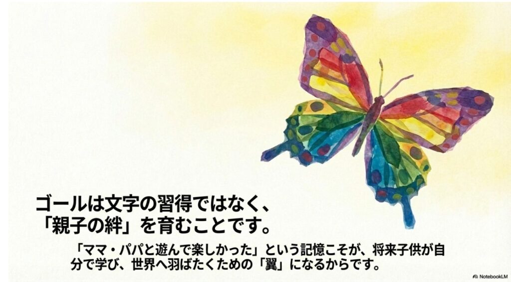 虹色の蝶のイラストと「ゴールは親子の絆」というメッセージ