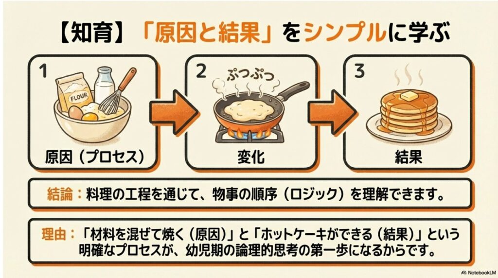 ホットケーキ作りの工程を通じて「原因と結果」の論理的思考を学ぶ知育プロセス図